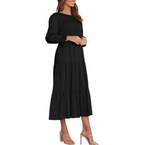 NWT Women's Casual Long Sleeve  Dress Crew Neck Smocked Hight Waist Flowy Maxi